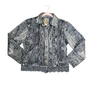 Flashback Gray Acid Wash Embroidered Sequin Crochet Trim Denim Jacket Womens M